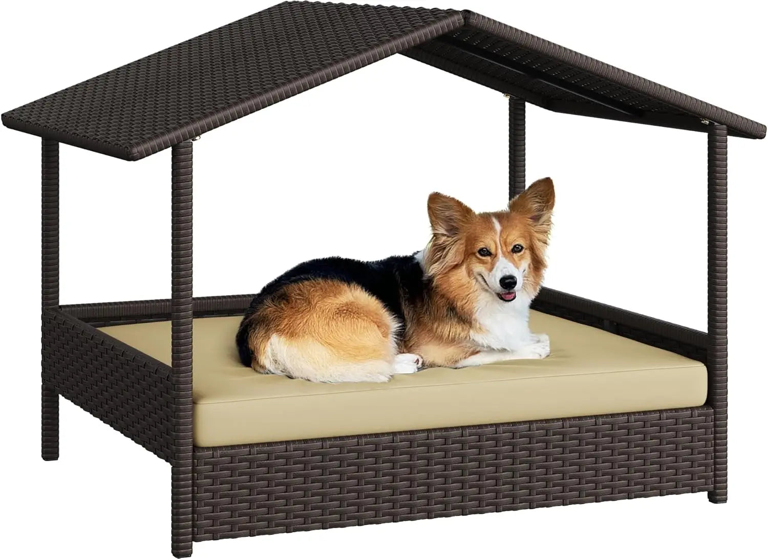 Wicker Rattan Elevated Dog Bed w/Canopy