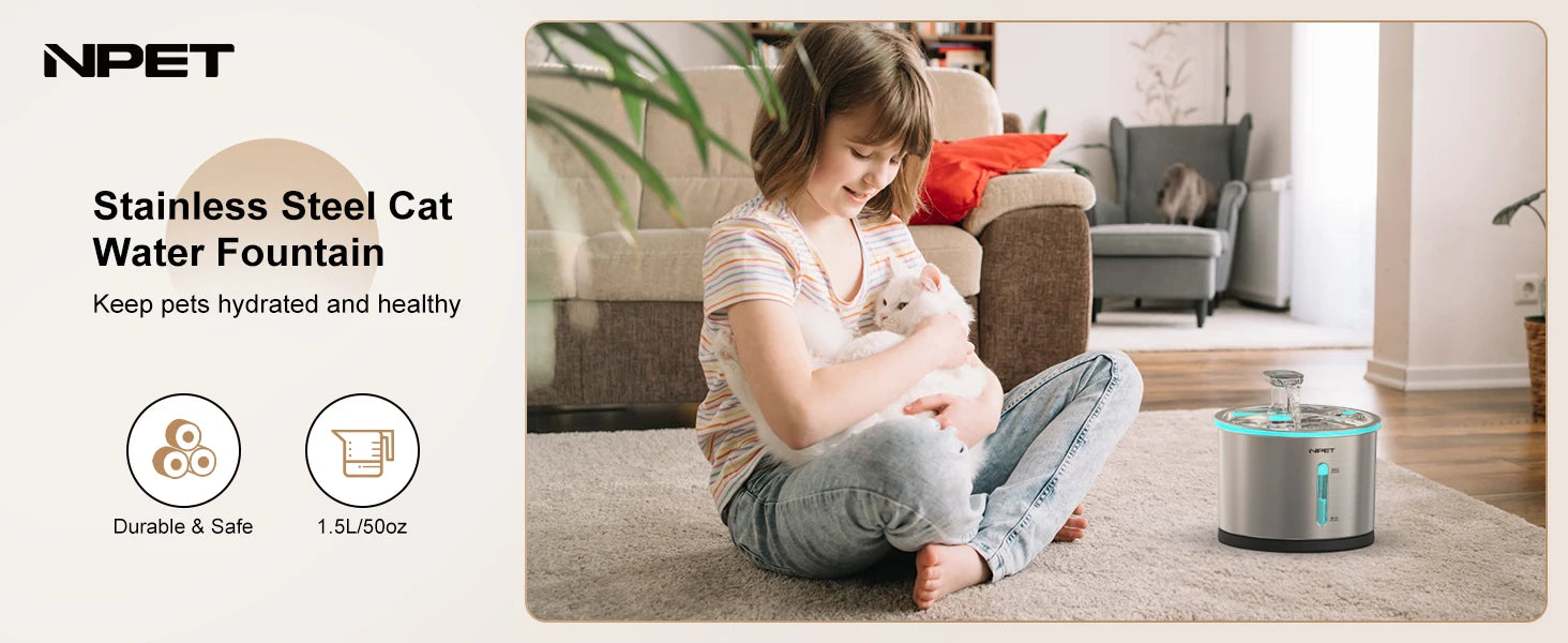 Stainless Steel Dishwasher Safe Pet Water Fountain w/LED Window