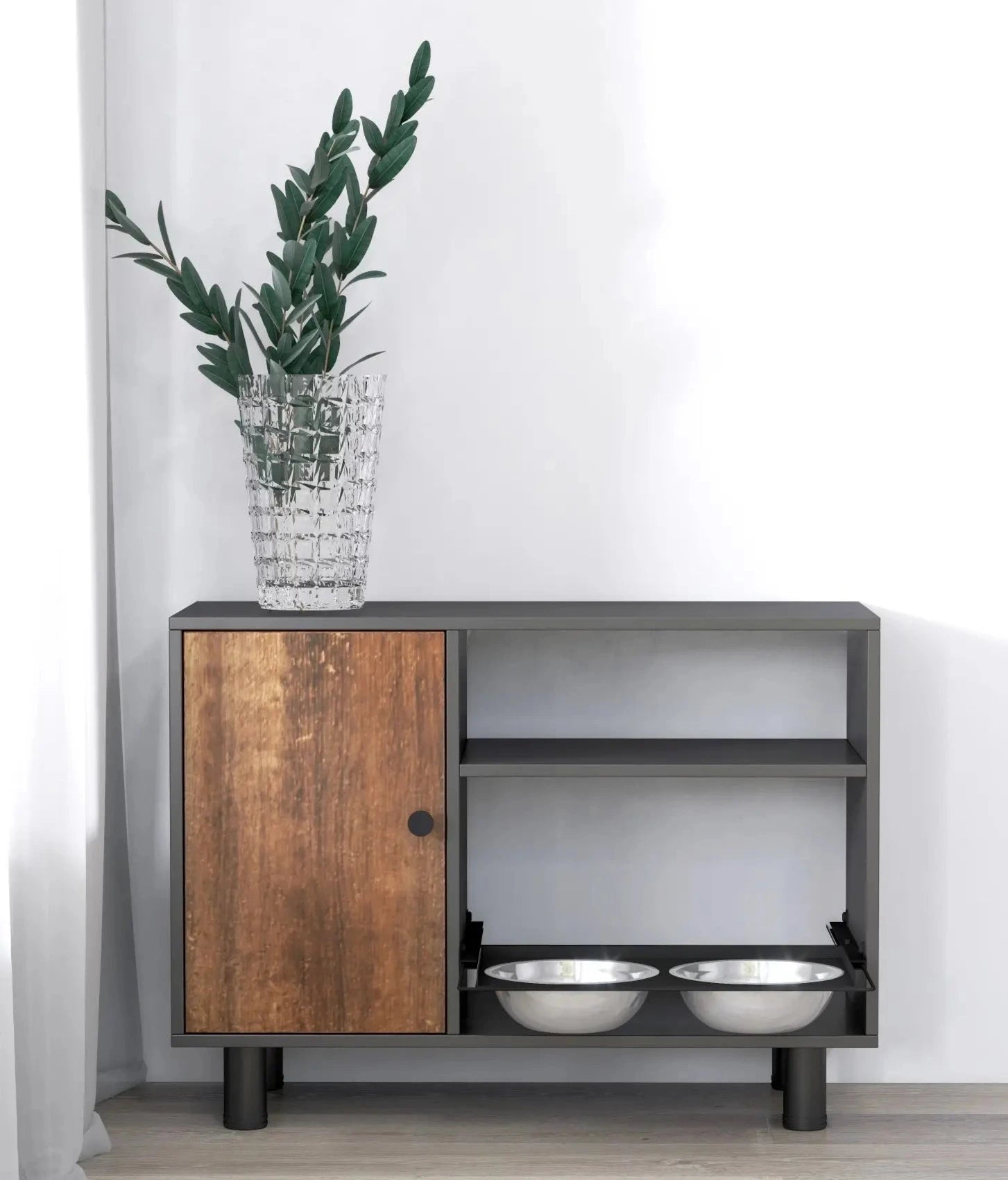 Double Pull-Out Raised Pet Feeding Table w/Storage Cabinet