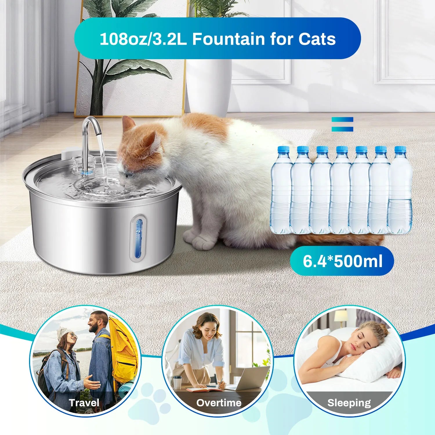 Ultra-Quiet Stainless Steel Pet Water Fountain