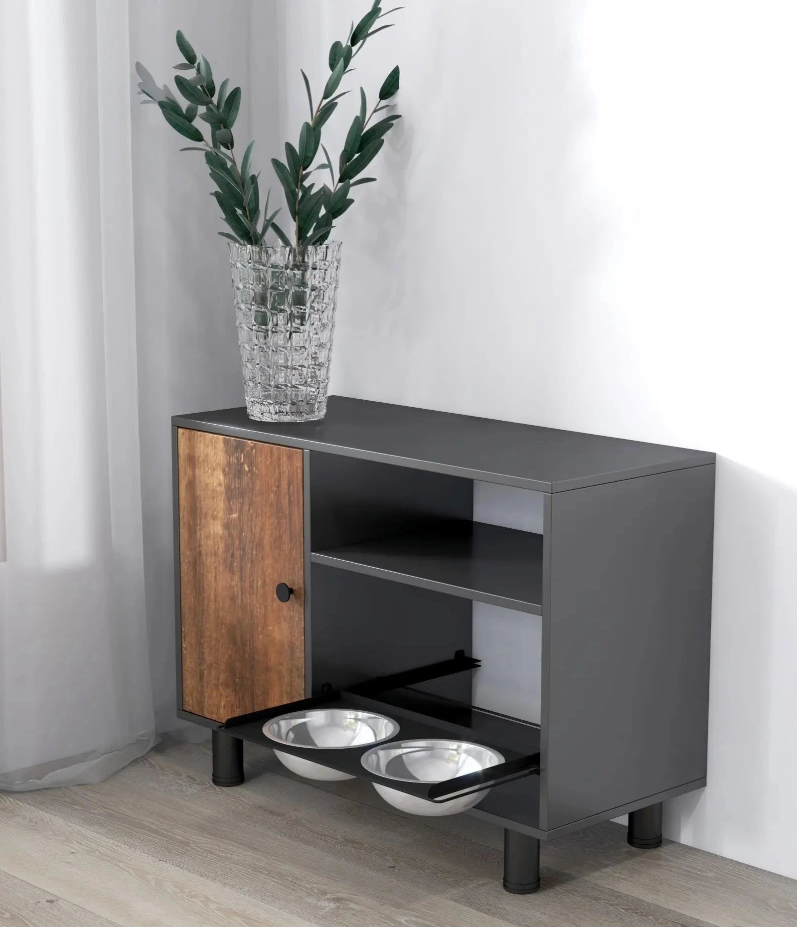 Double Pull-Out Raised Pet Feeding Table w/Storage Cabinet