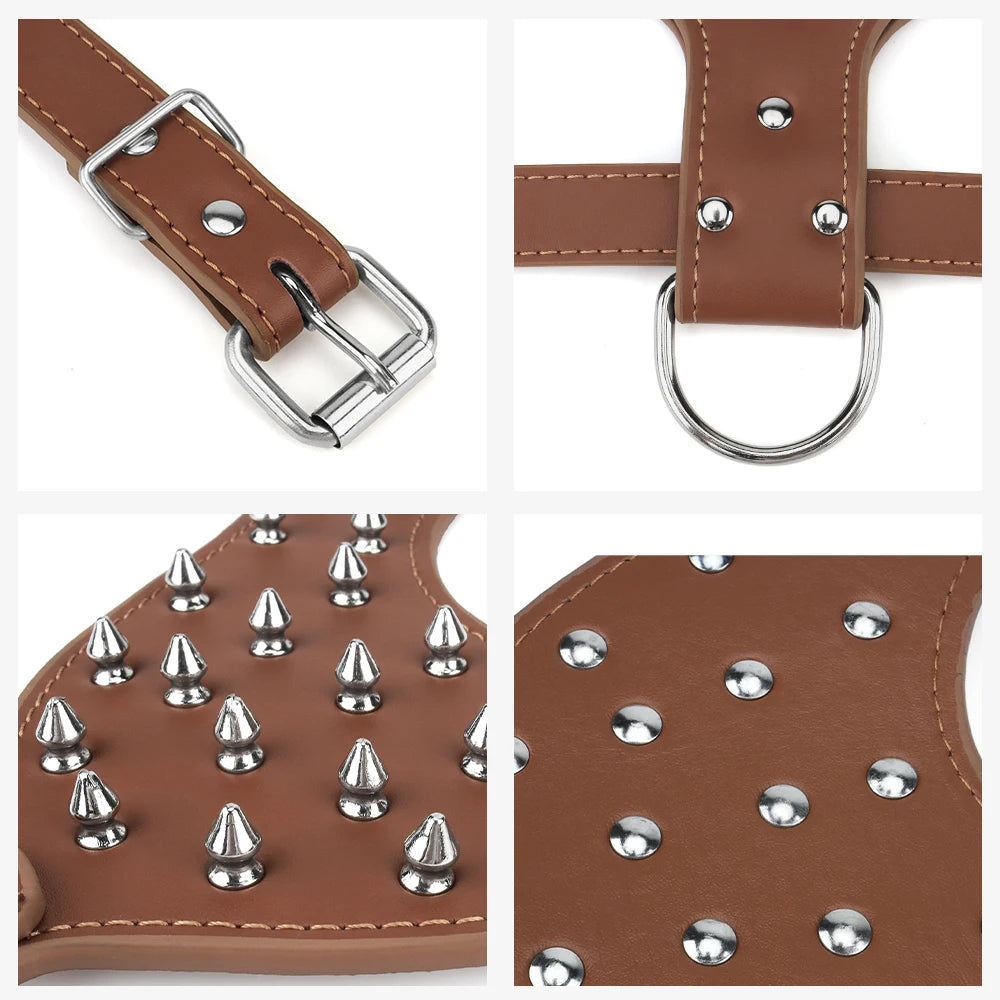 Leather Spike Studded Dog Collar + Harness + Chain Leash Set