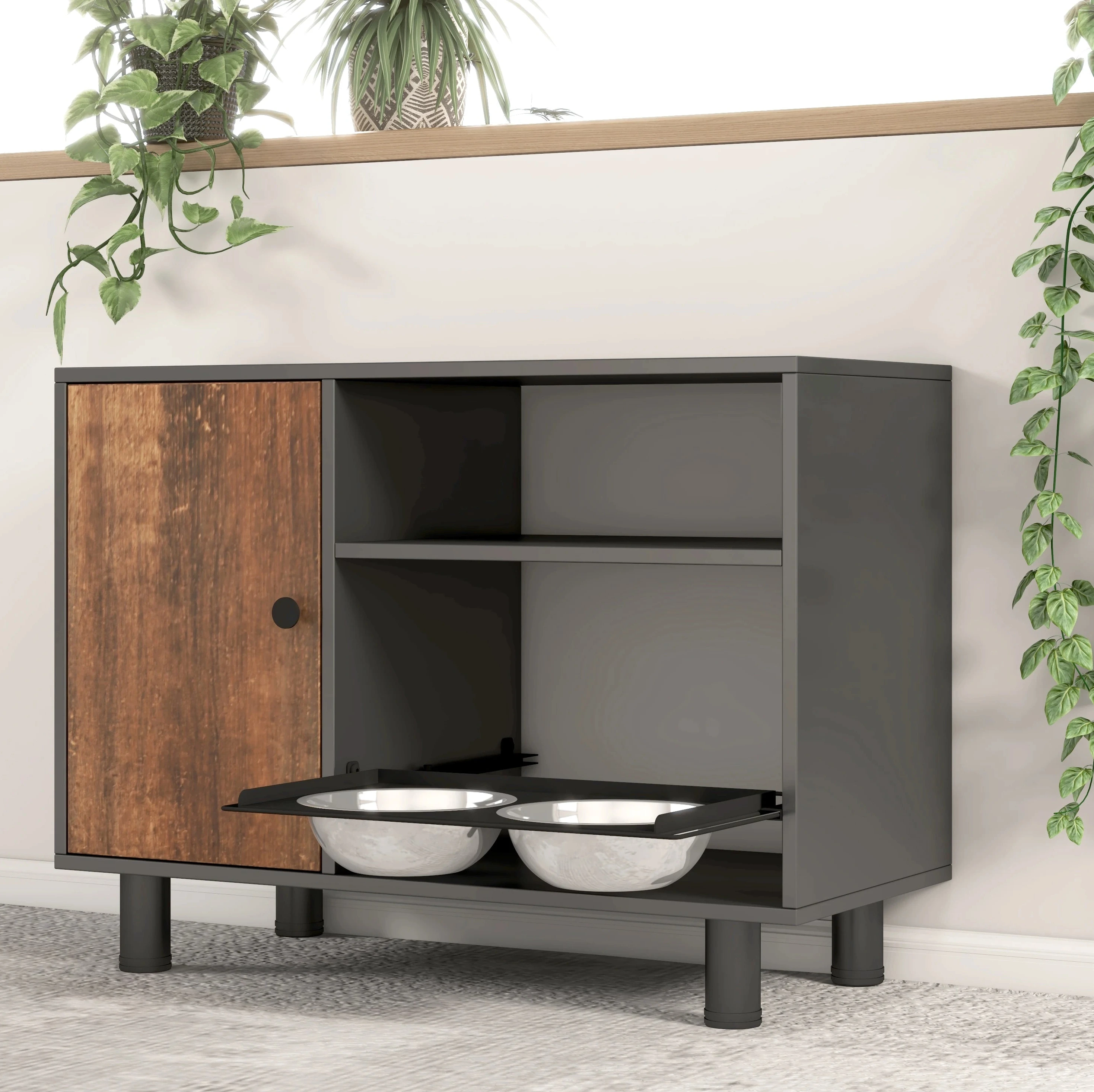 Double Pull-Out Raised Pet Feeding Table w/Storage Cabinet