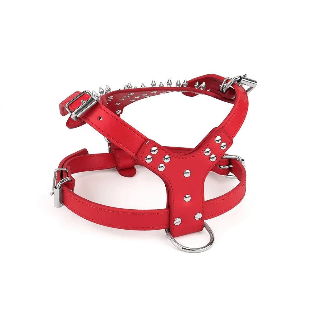 Leather Spike Studded Dog Collar + Harness + Chain Leash Set