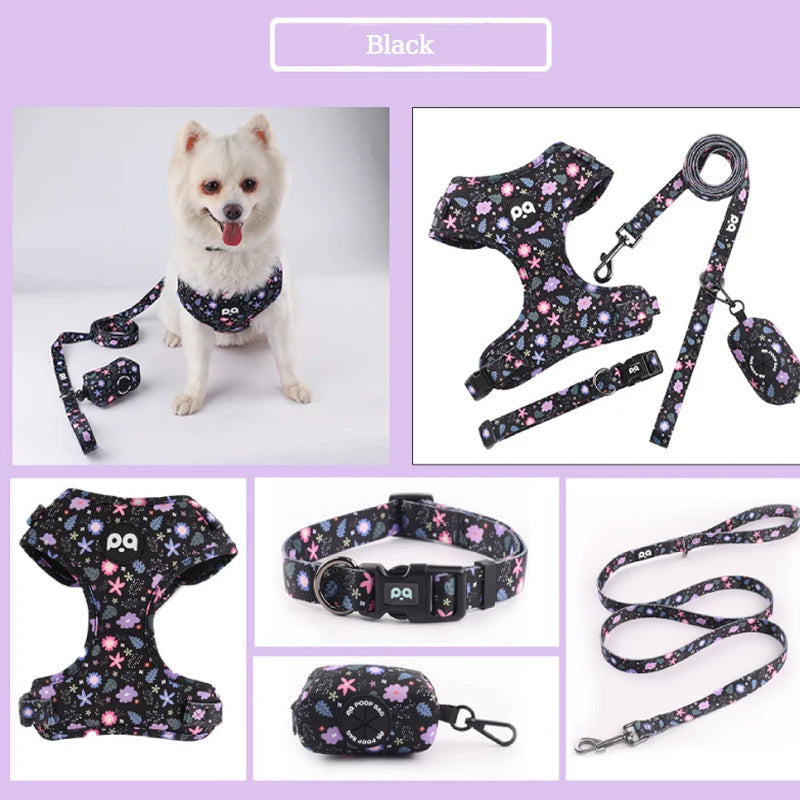 Adjustable Mesh Dog Vest Harness + Leash + Collar + Bag Holder Set