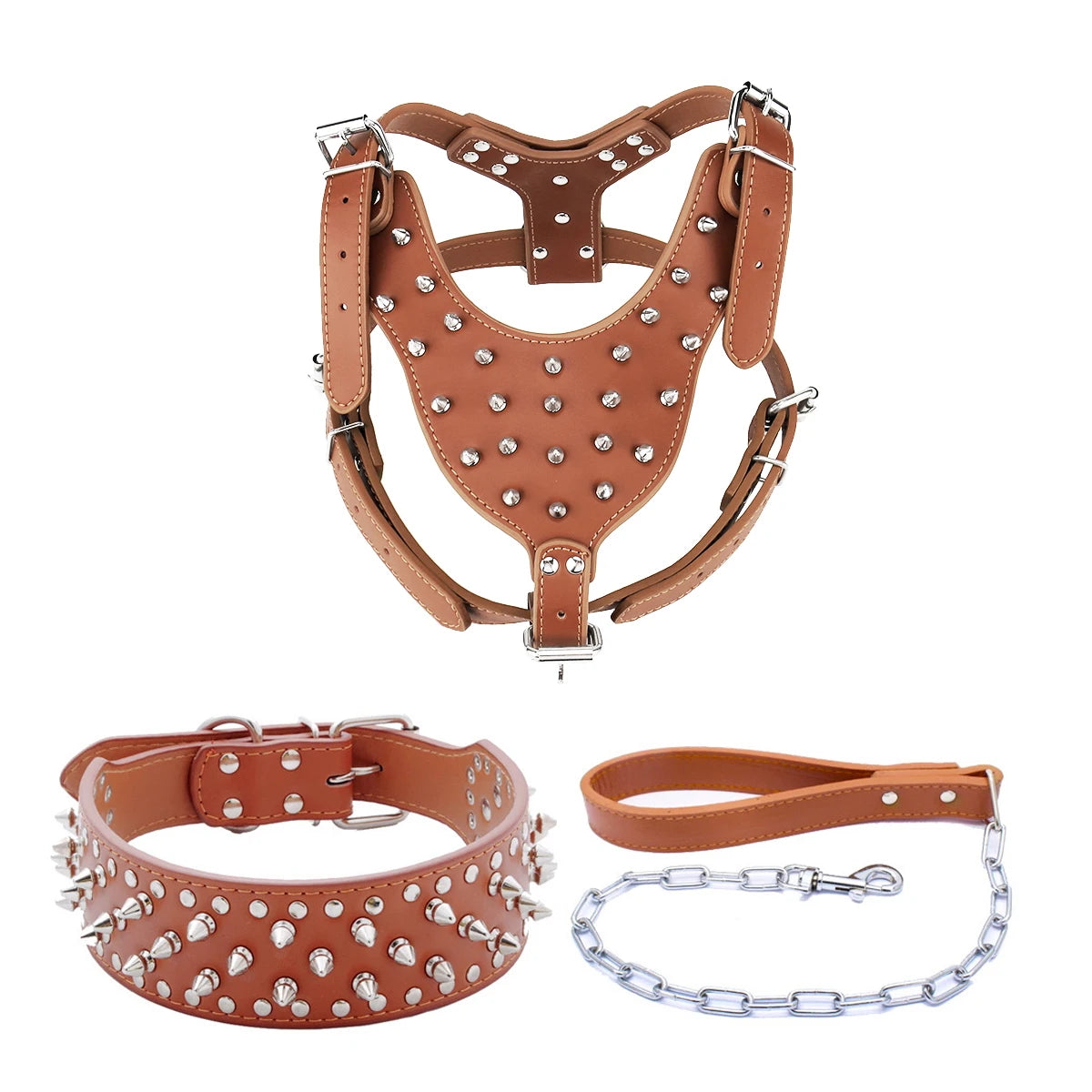 Leather Spike Studded Dog Collar + Harness + Chain Leash Set
