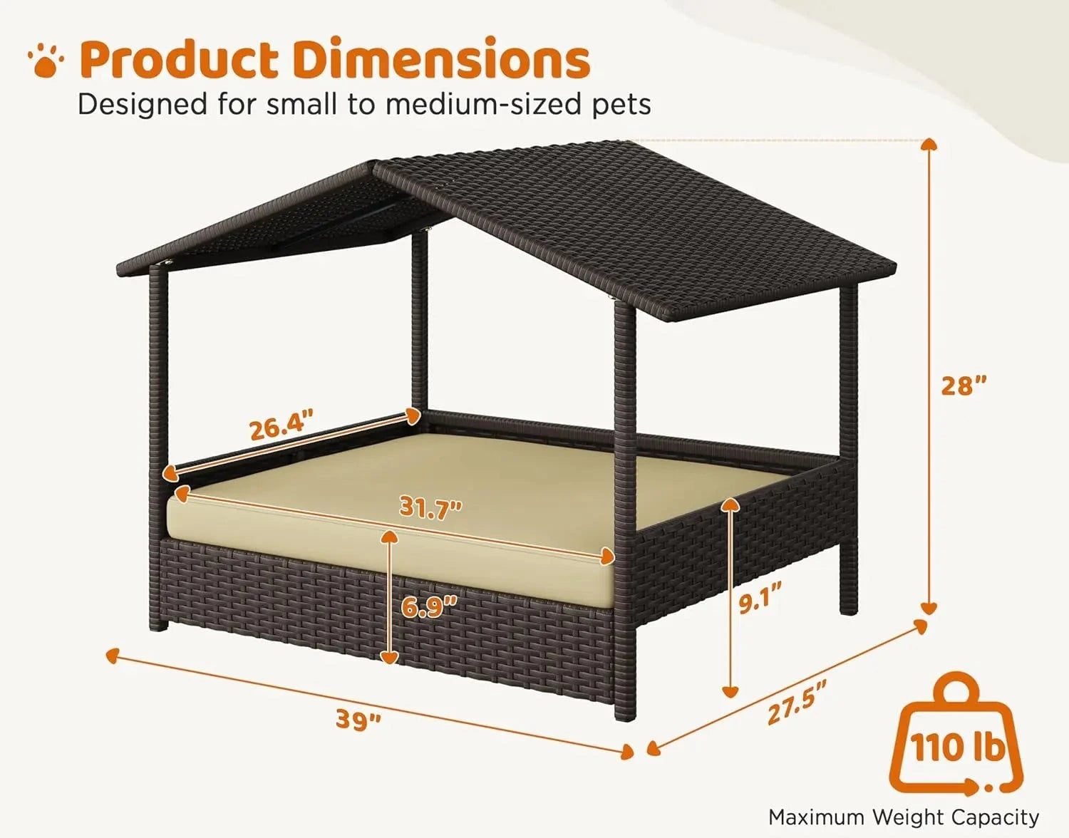 Wicker Rattan Elevated Dog Bed w/Canopy