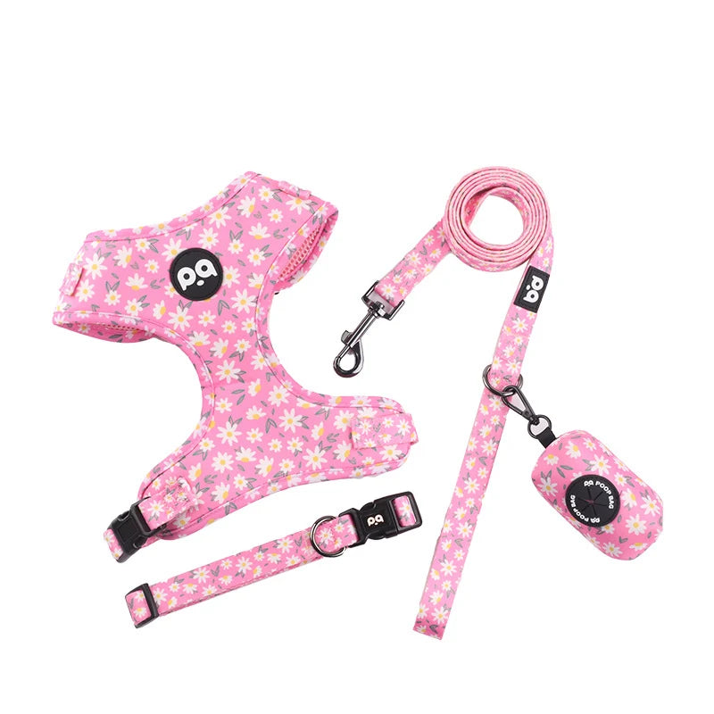Adjustable Mesh Dog Vest Harness + Leash + Collar + Bag Holder Set