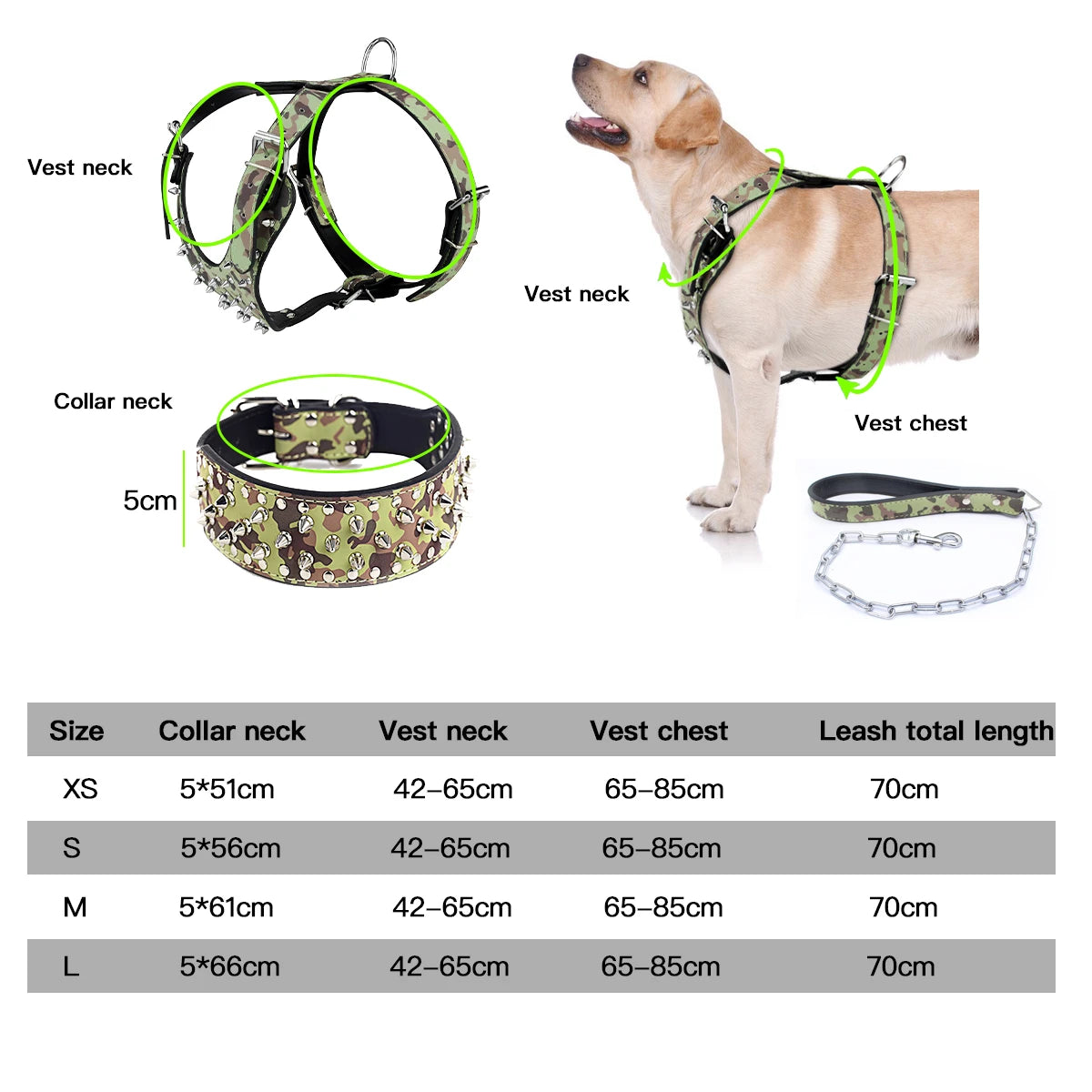 Leather Spike Studded Dog Collar + Harness + Chain Leash Set