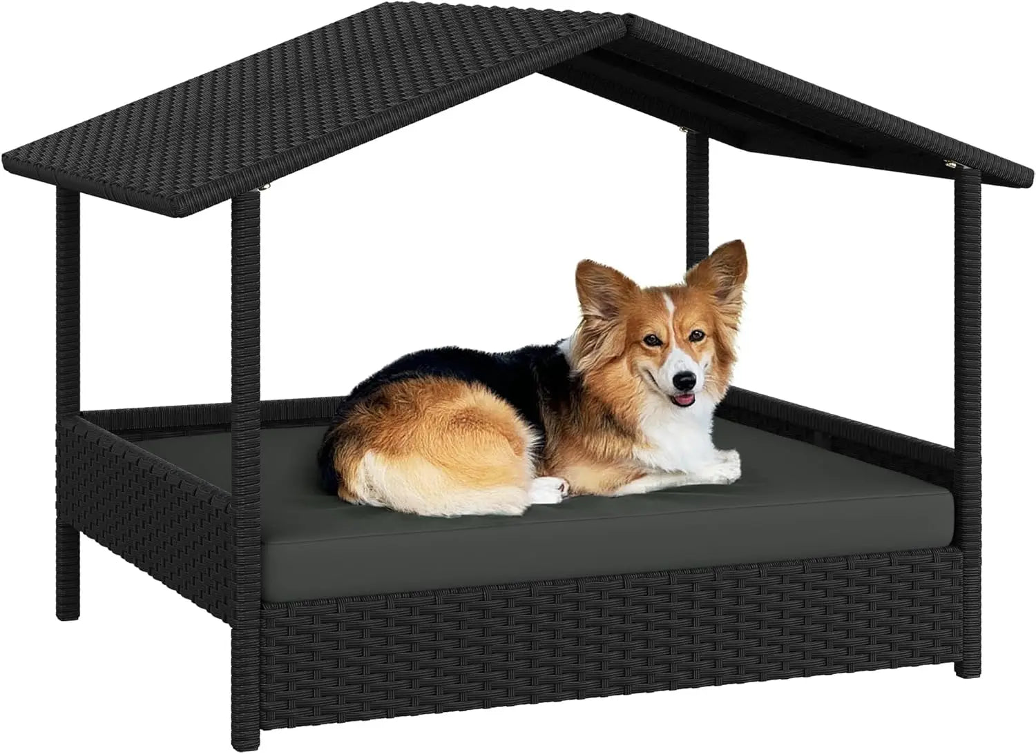 Wicker Rattan Elevated Dog Bed w/Canopy