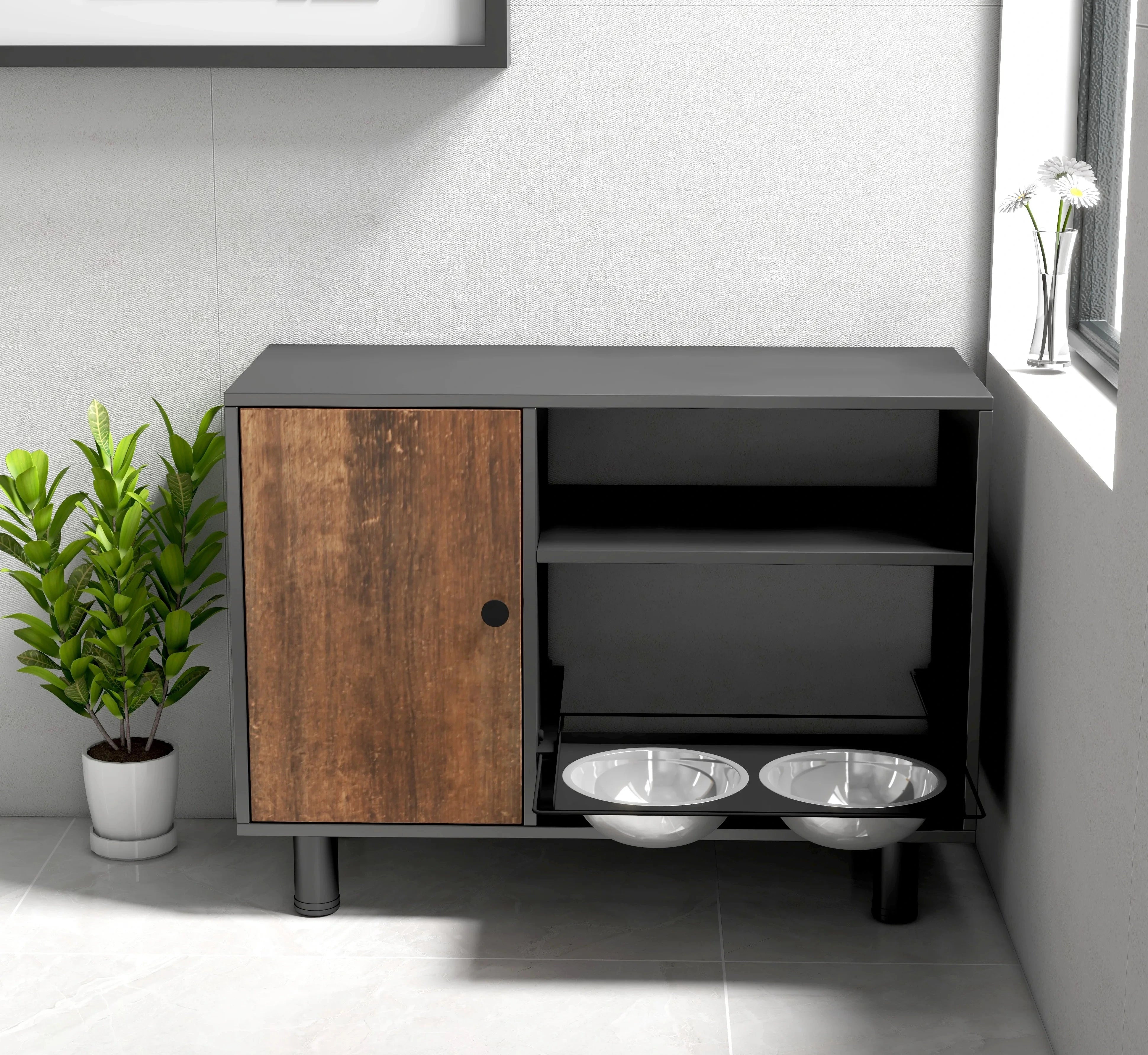 Double Pull-Out Raised Pet Feeding Table w/Storage Cabinet
