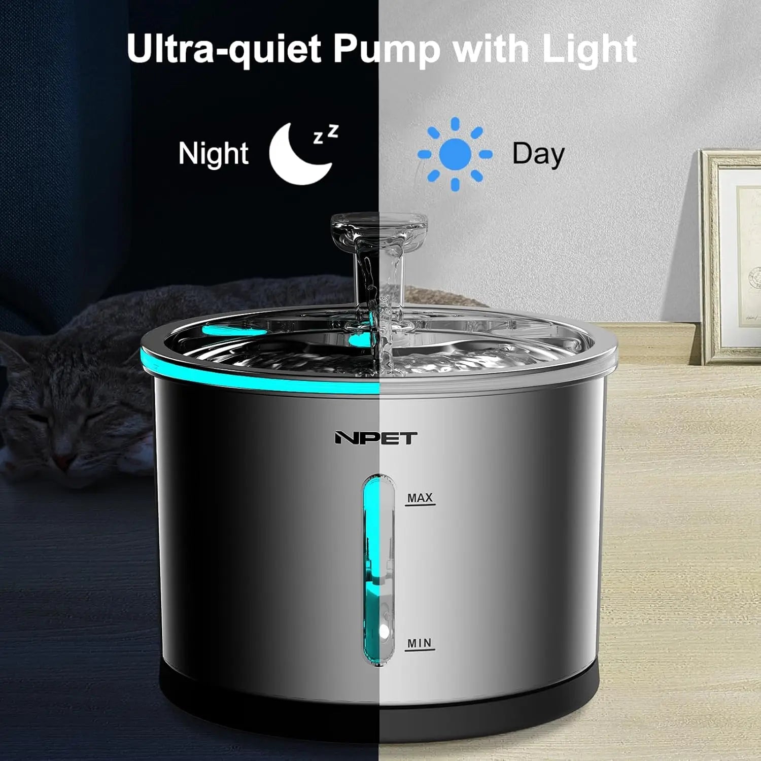 Stainless Steel Dishwasher Safe Pet Water Fountain w/LED Window
