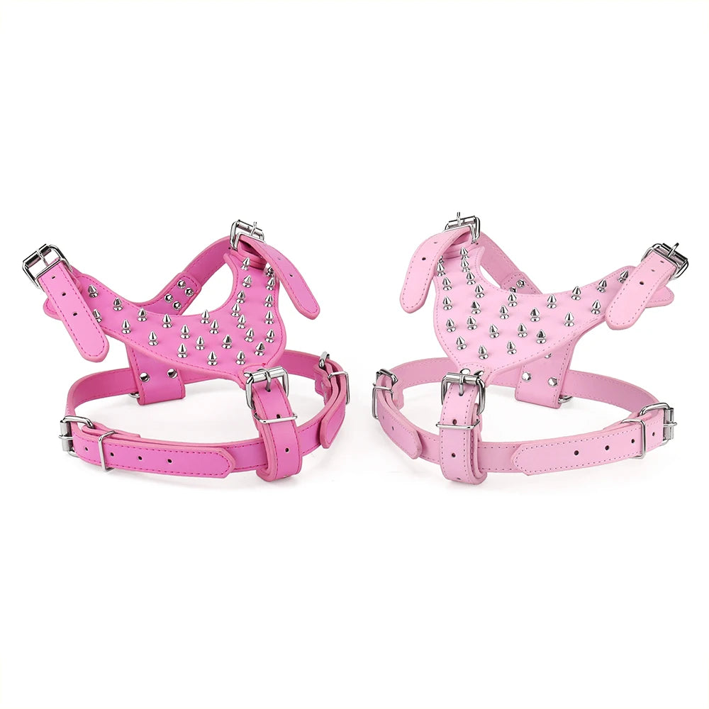 Leather Spike Studded Dog Collar + Harness + Chain Leash Set