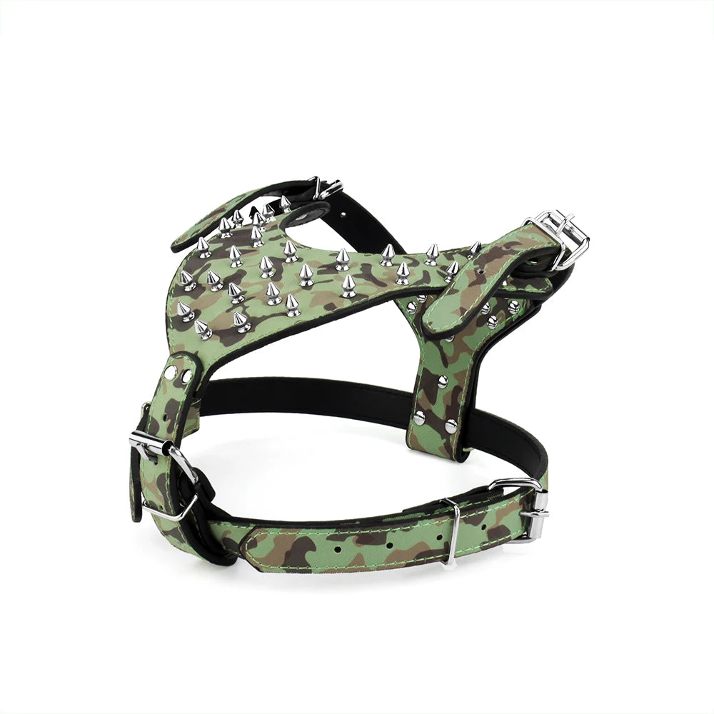 Leather Spike Studded Dog Collar + Harness + Chain Leash Set