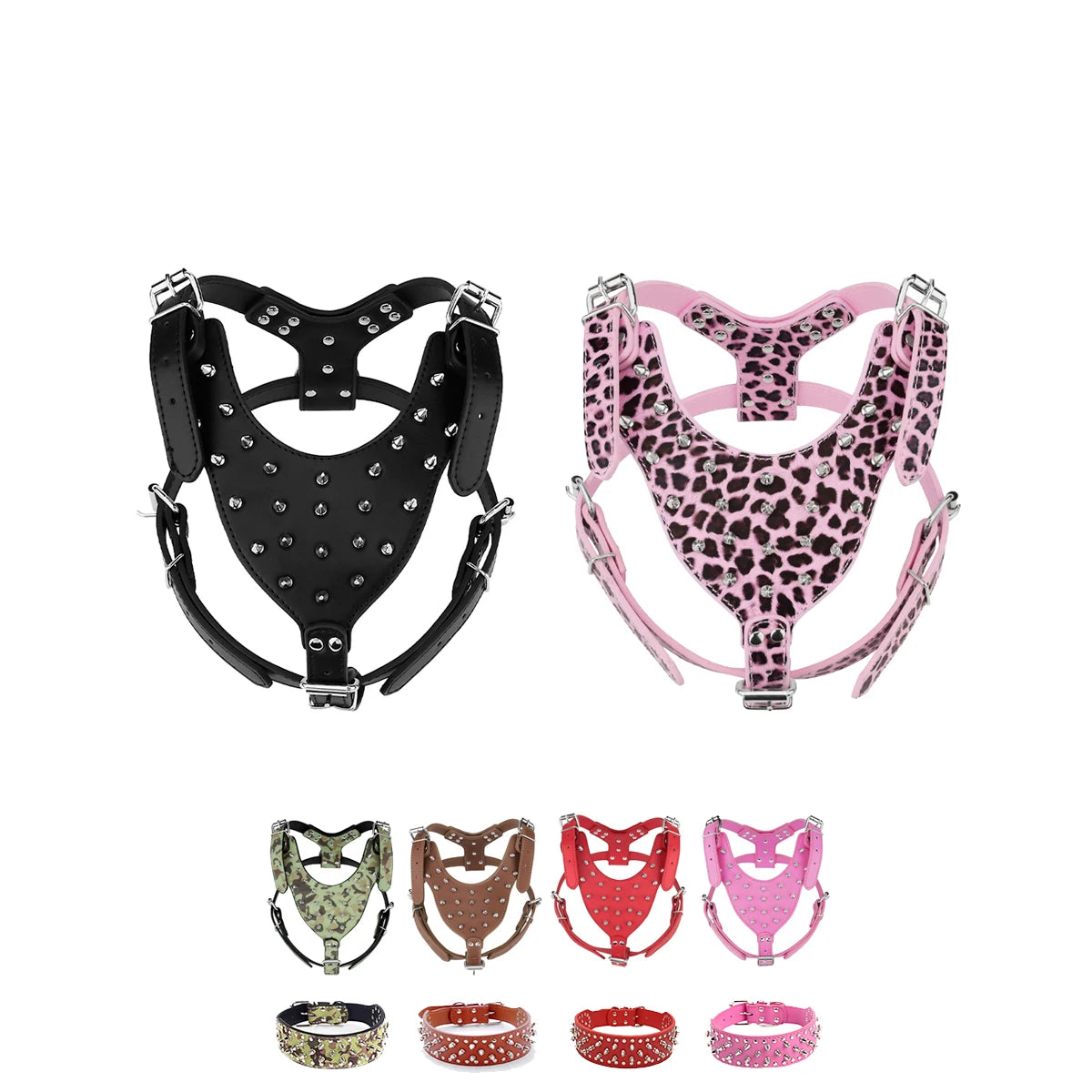 Leather Spike Studded Dog Collar + Harness + Chain Leash Set