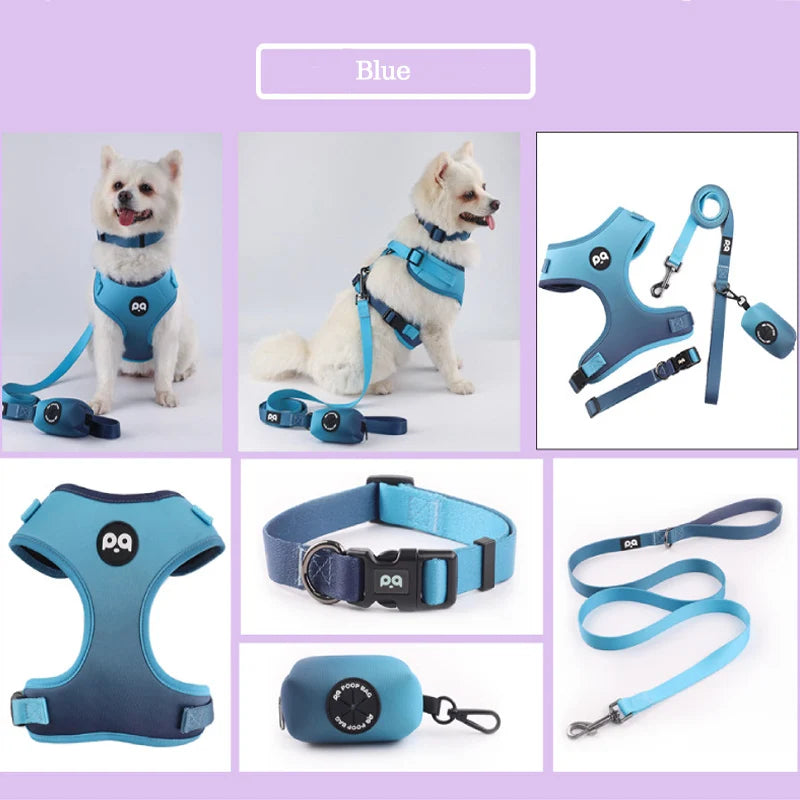 Adjustable Mesh Dog Vest Harness + Leash + Collar + Bag Holder Set