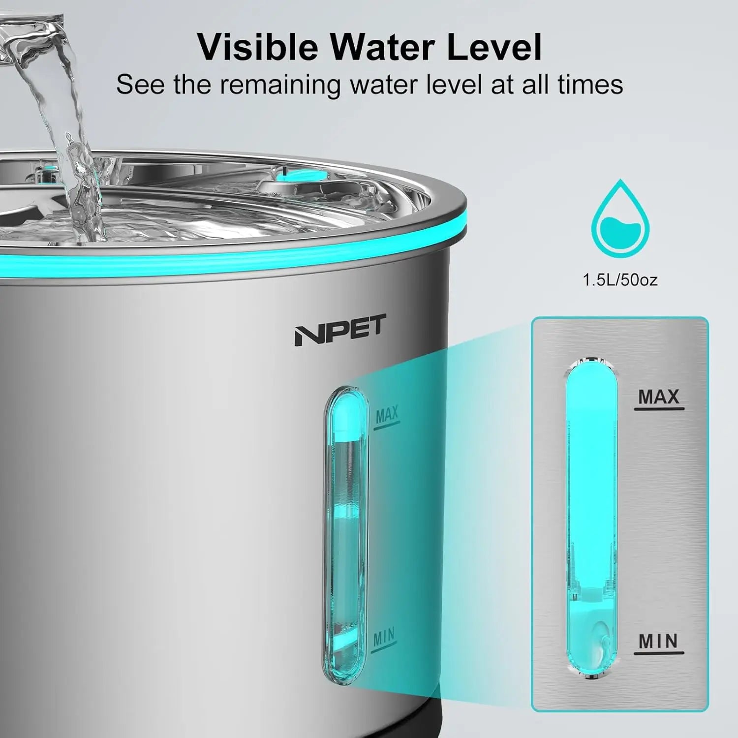 Stainless Steel Dishwasher Safe Pet Water Fountain w/LED Window