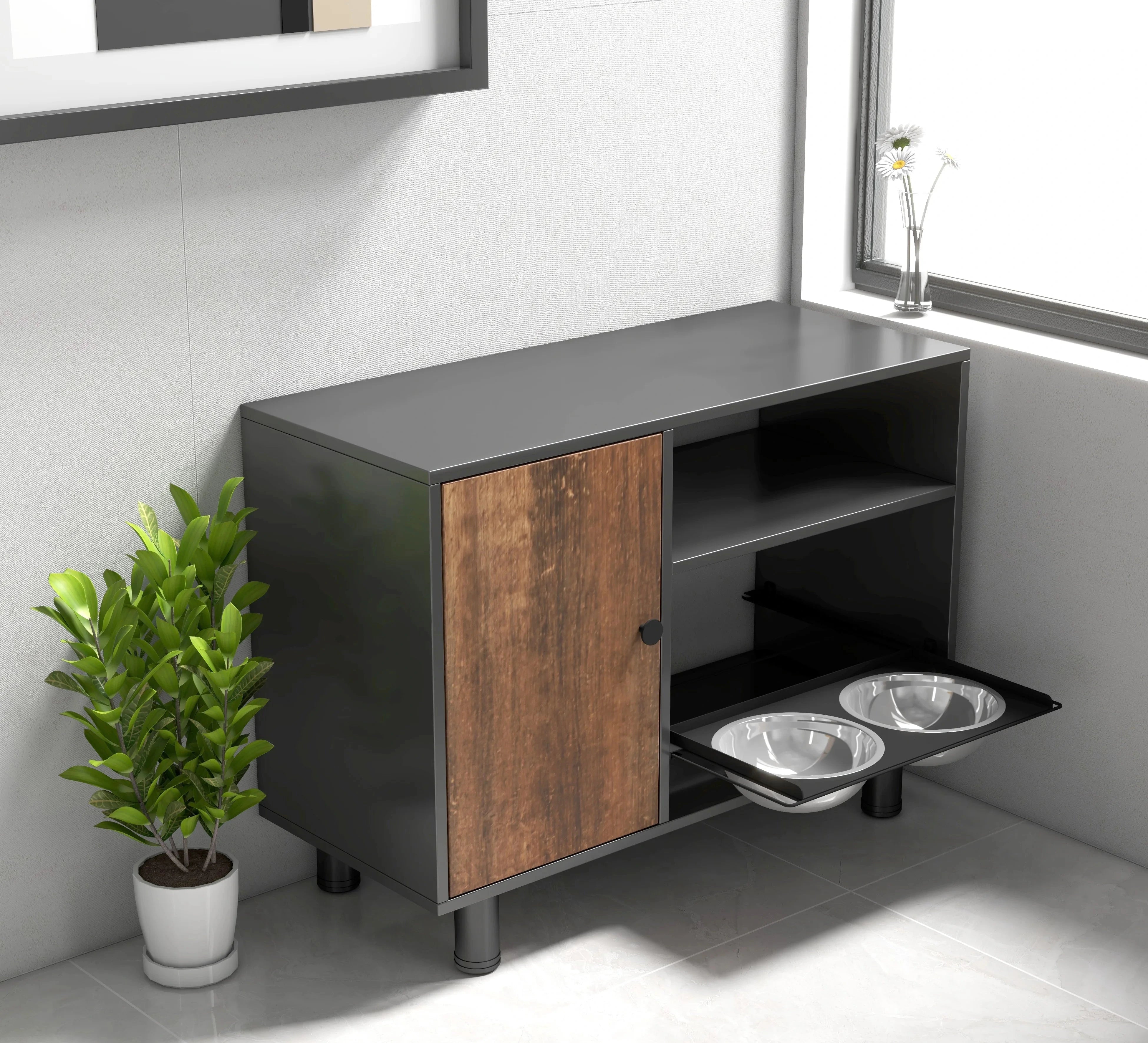 Double Pull-Out Raised Pet Feeding Table w/Storage Cabinet