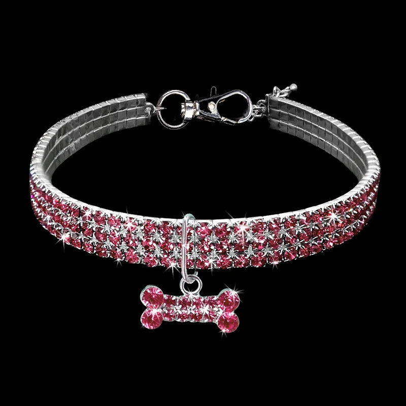 Adjustable Rhinestone Bone Pendant Bling Dog Necklace