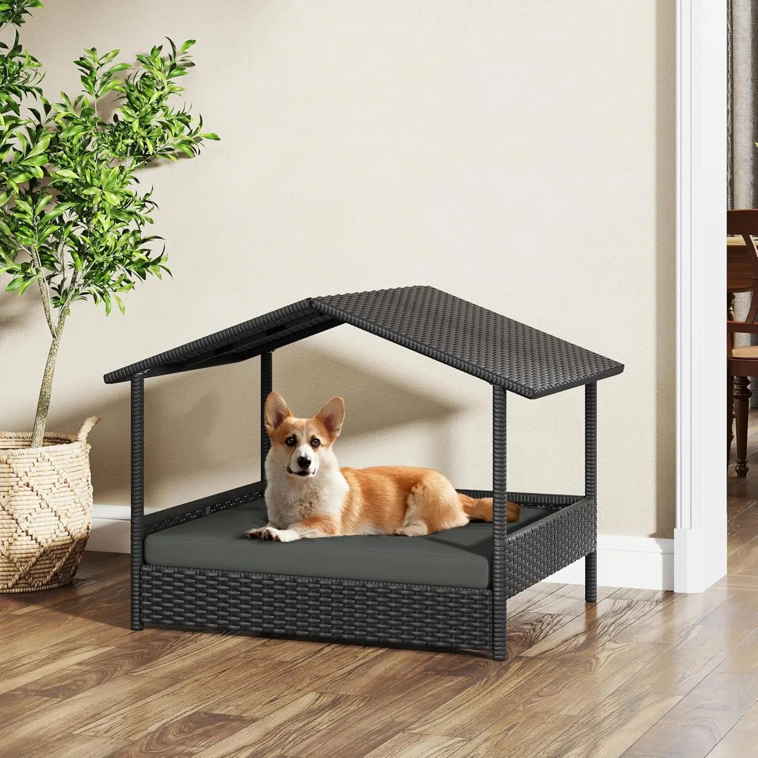 Wicker Rattan Elevated Dog Bed w/Canopy