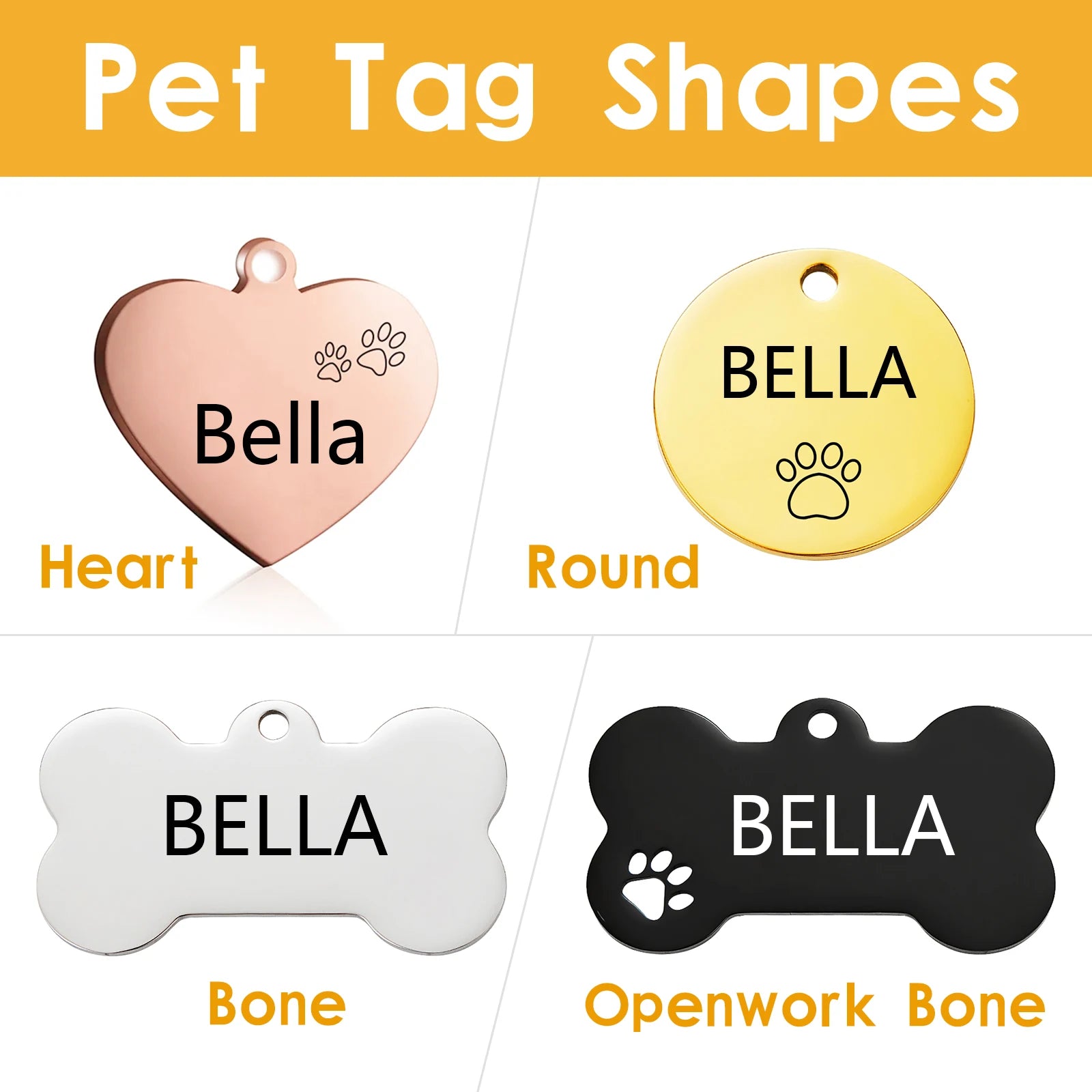 Multi-Shaped Custom Engraved Stainless Steel Pet ID Tag