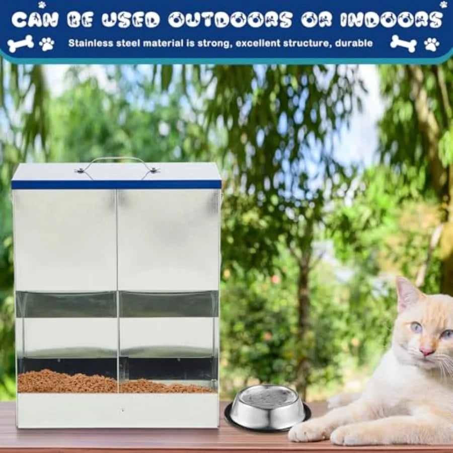 Galvanized Automatic Outdoor Pet Feeder w/2 Stainless Steel Bowls