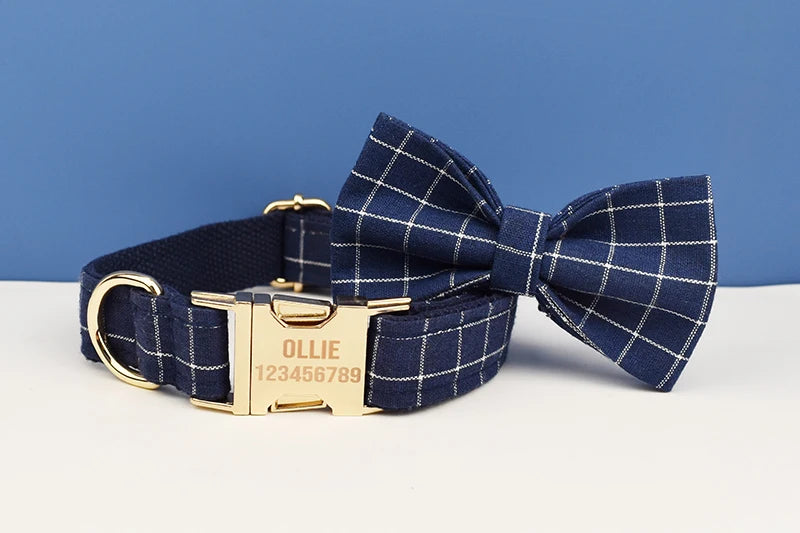 Dark Blue Plaid Personalized Dog Collar/Harness/Leash/Accessory Set