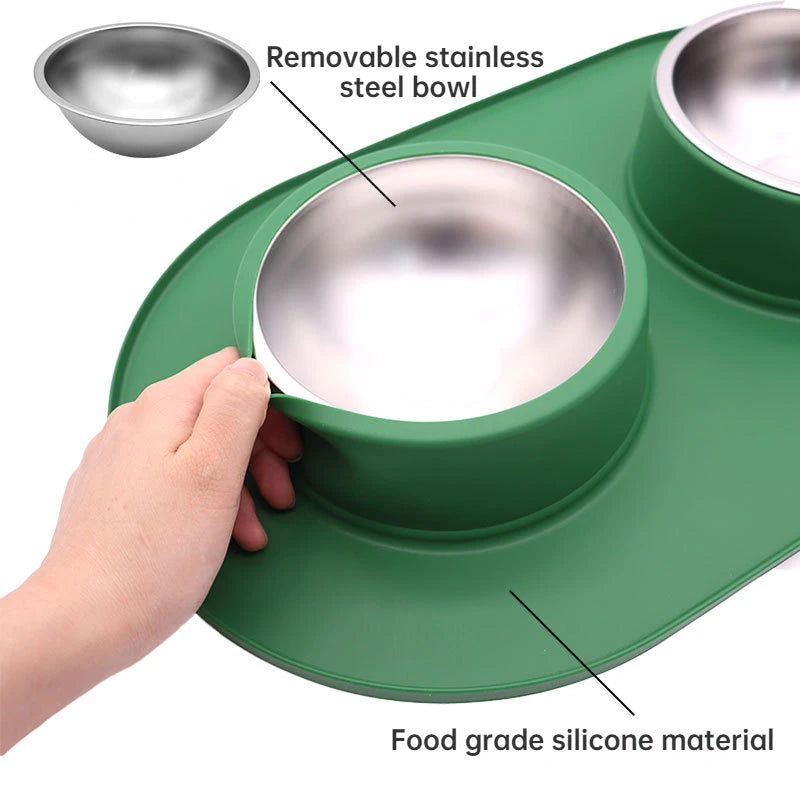 Double Stainless Steel Pet Bowls w/Anti-Slip Silicone Mat