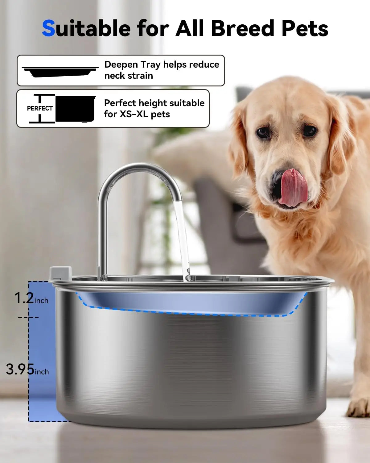 Jumbo Stainless Steel Pet Water Fountain w/Deep & Wide Drinking Area