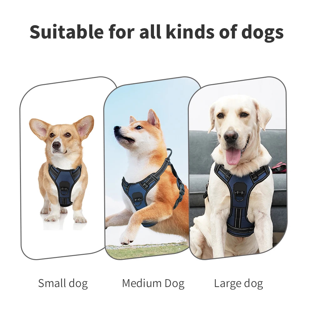 No-Pull Nylon Adjustable Reflective Dog Vest Harness w/ 2 Metal Leash Hooks