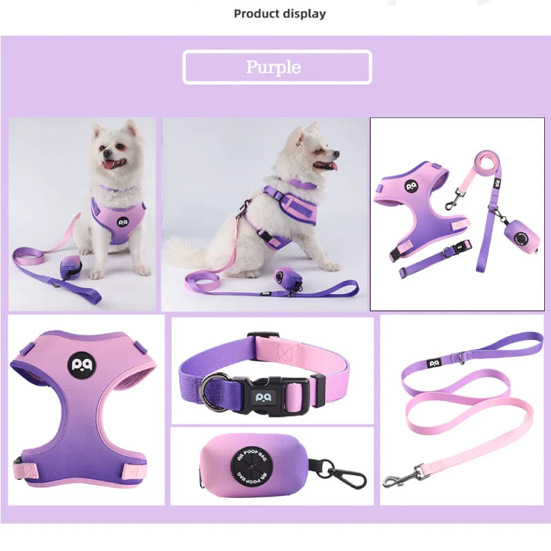 Adjustable Mesh Dog Vest Harness + Leash + Collar + Bag Holder Set
