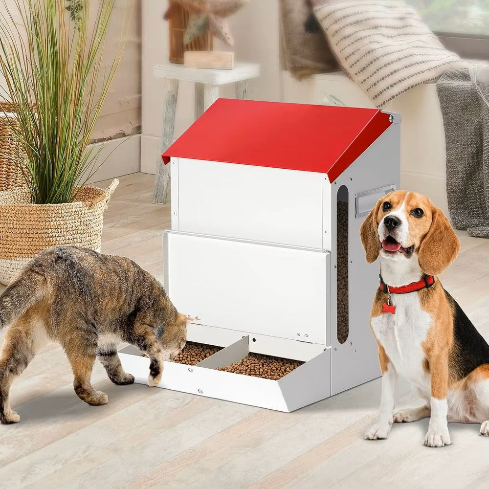 Large Galvanized Dry Pet Food Dispenser w/Dual Gravity Bowls