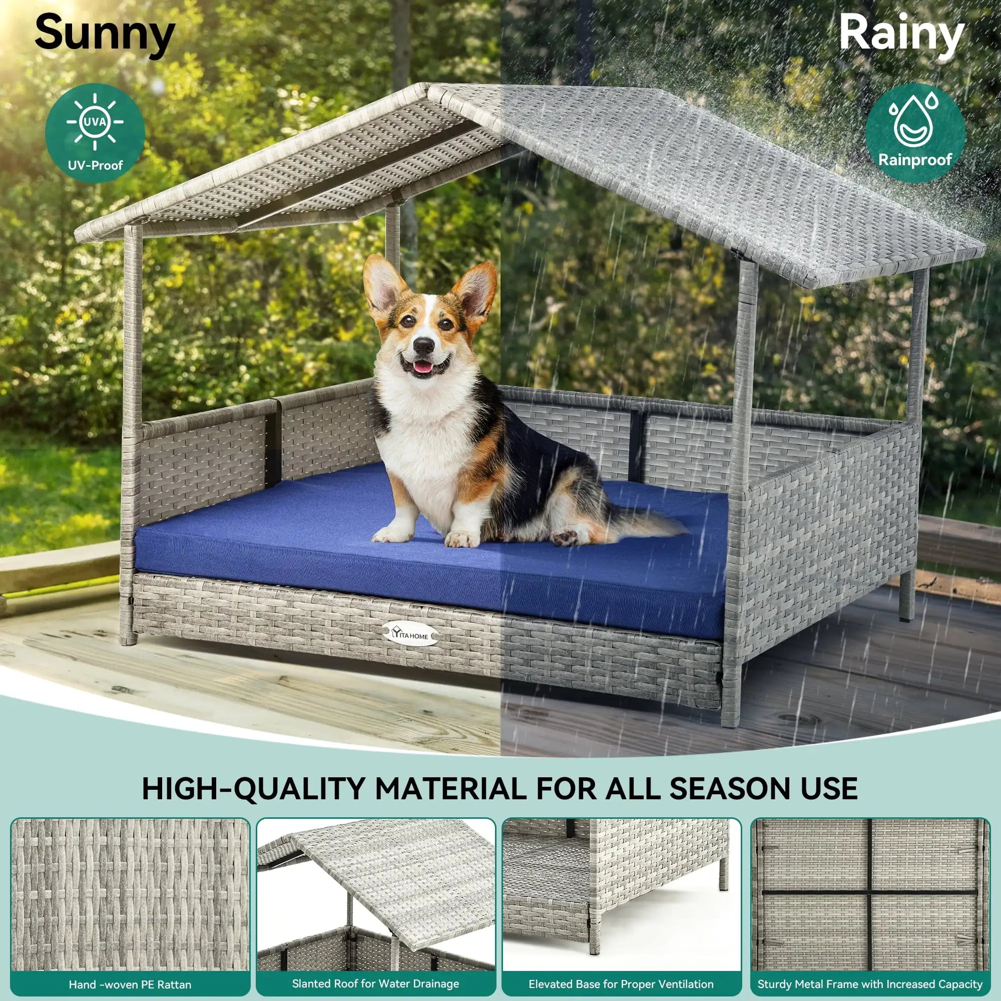 Rattan Elevated Water-Resistant Dog Bed w/Canopy