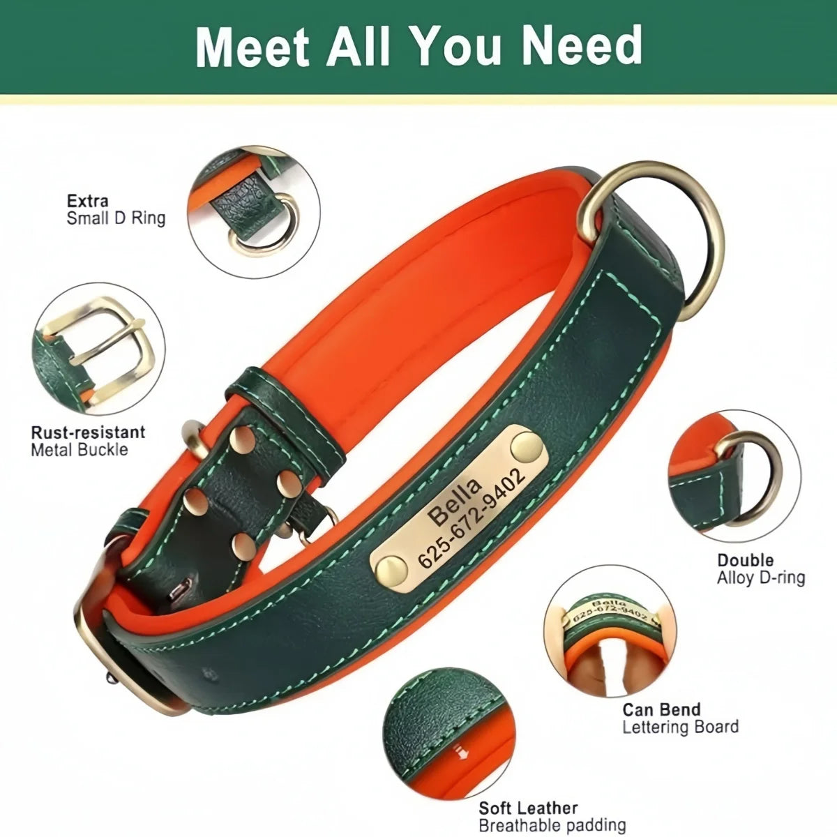 Soft Padded Leather Custom ID Dog Collar