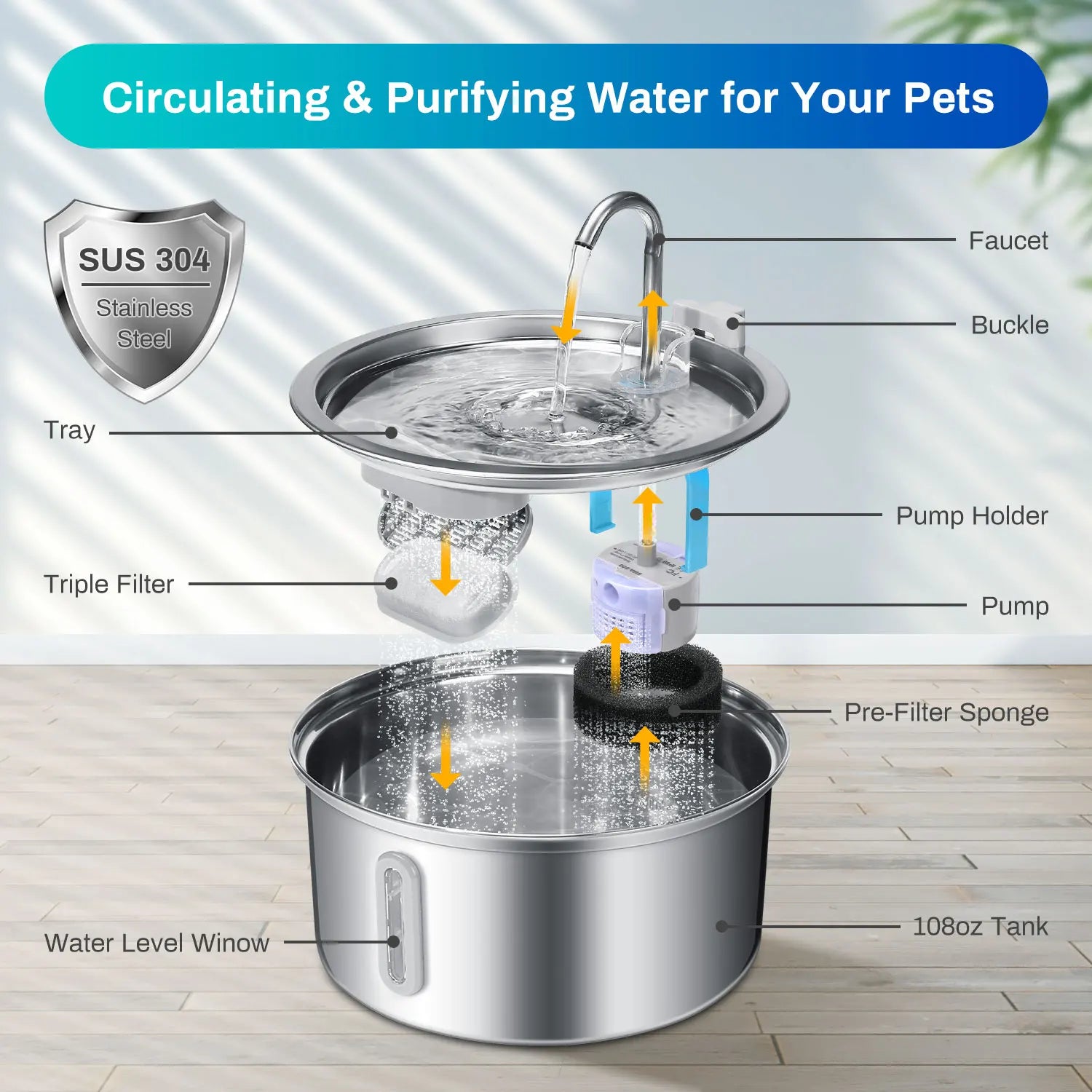 Ultra-Quiet Stainless Steel Pet Water Fountain