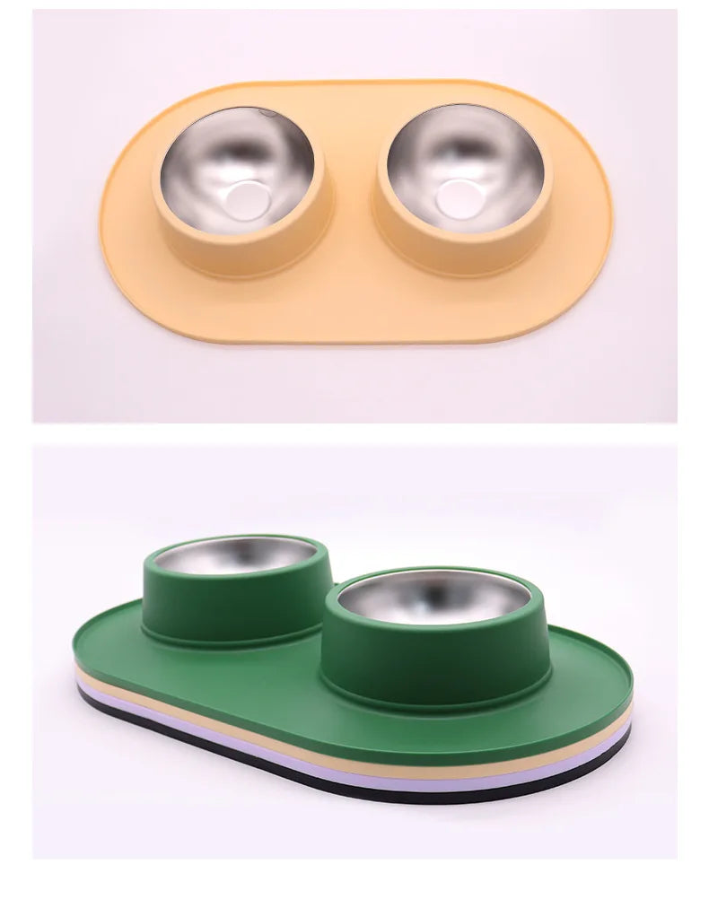 Double Stainless Steel Pet Bowls w/Anti-Slip Silicone Mat