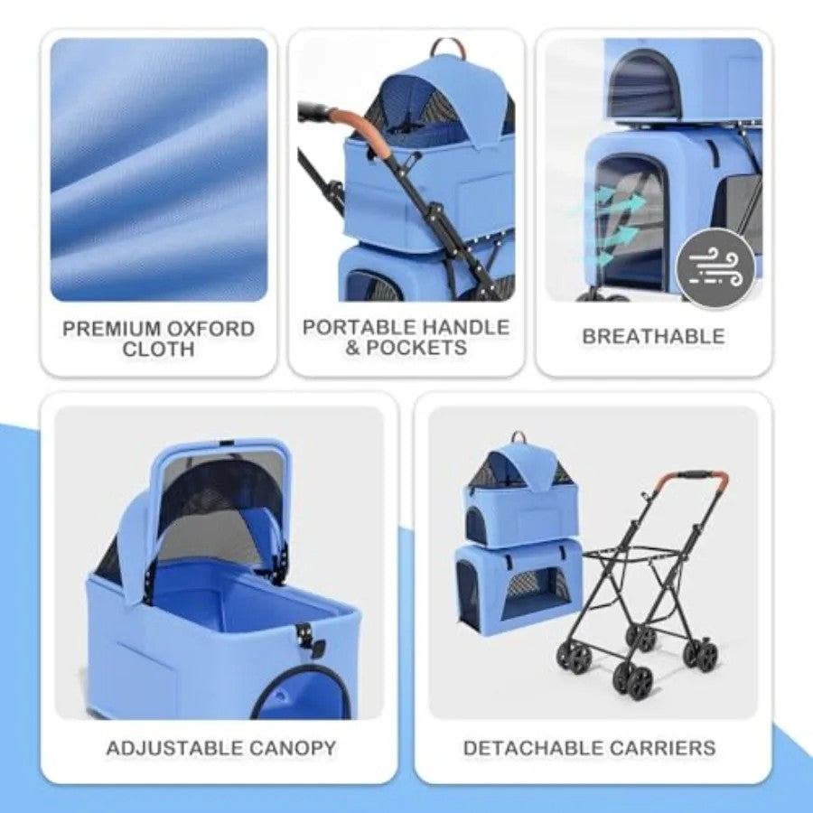 One Click Foldable Double Pet Stroller w/ Detachable Top & Bottom Carriers
