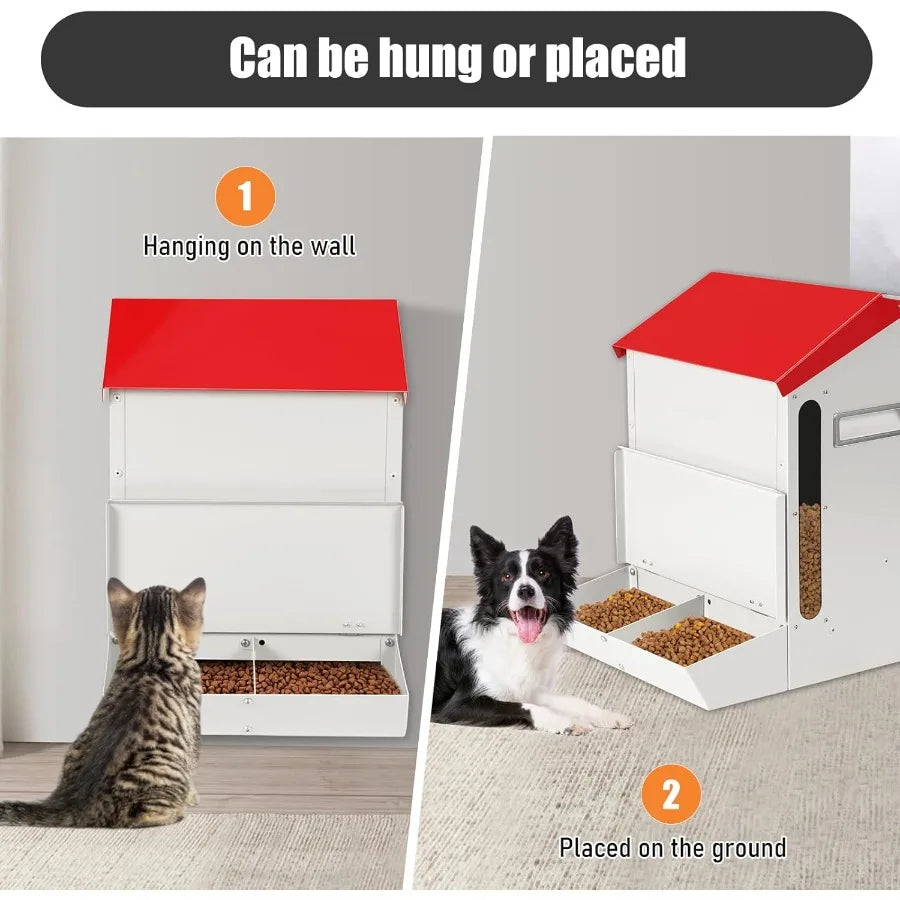 Large Galvanized Dry Pet Food Dispenser w/Dual Gravity Bowls