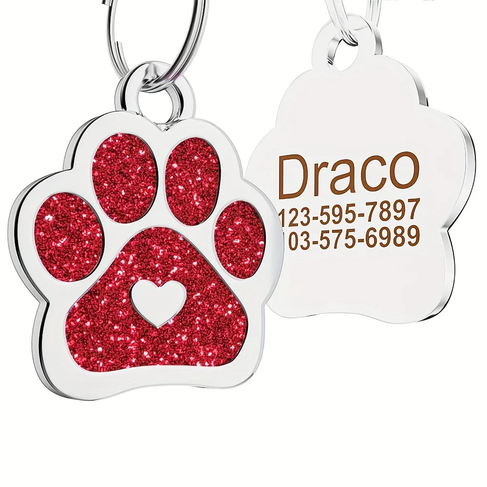 2PC Custom Engraved Cute Glitter Dog Paw ID Tags