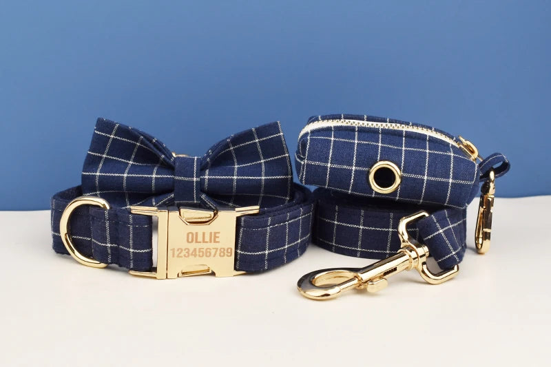 Dark Blue Plaid Personalized Dog Collar/Harness/Leash/Accessory Set