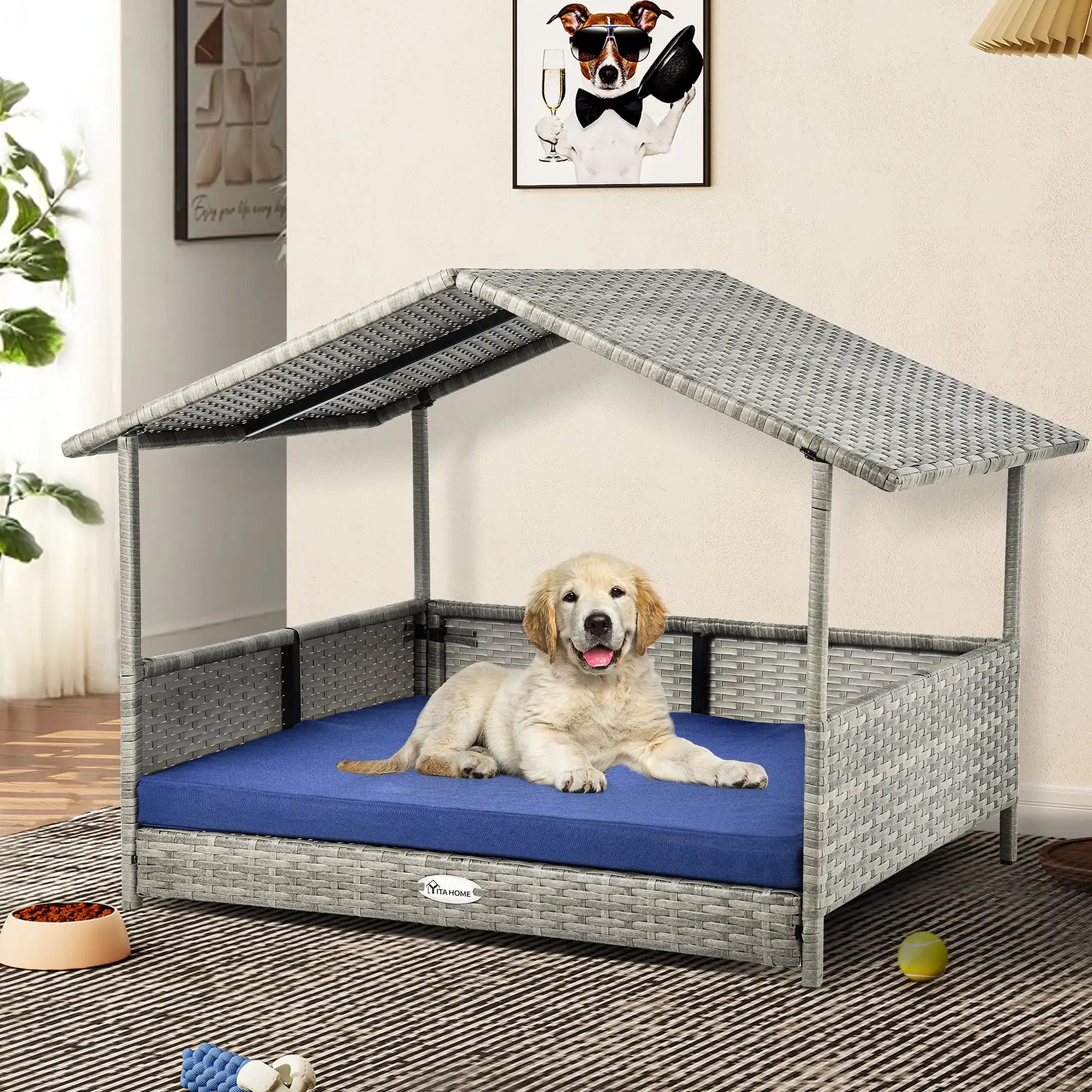 Rattan Elevated Water-Resistant Dog Bed w/Canopy