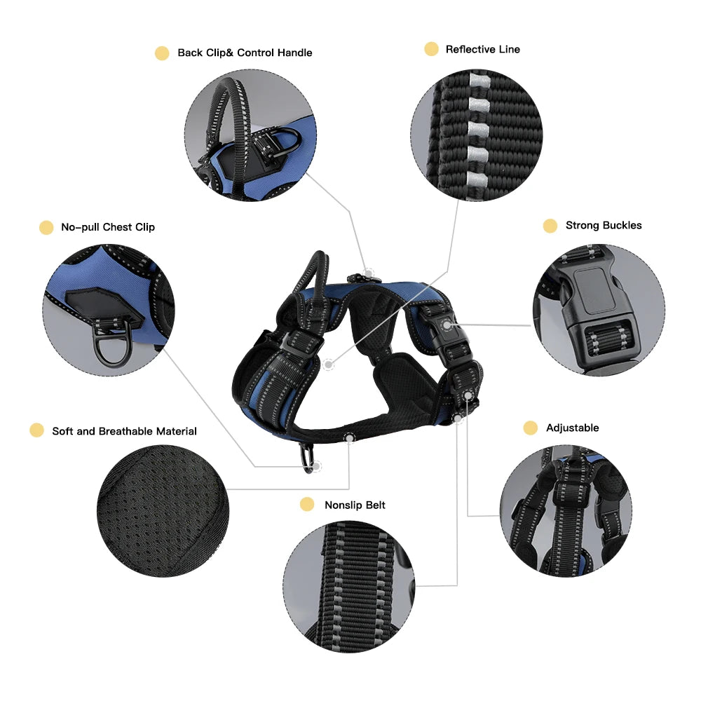 No-Pull Nylon Adjustable Reflective Dog Vest Harness w/ 2 Metal Leash Hooks