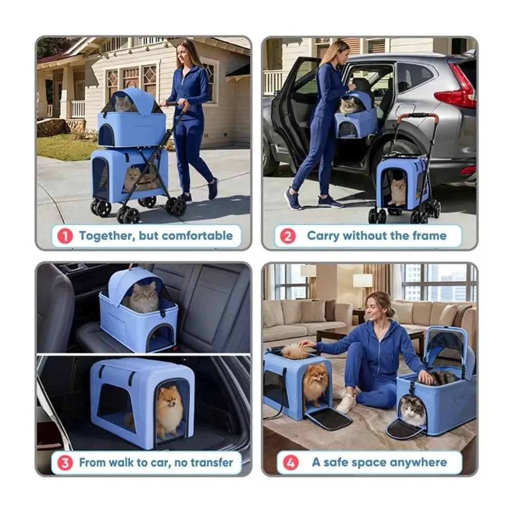 One Click Foldable Double Pet Stroller w/ Detachable Top & Bottom Carriers