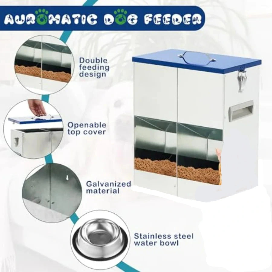 Galvanized Automatic Outdoor Pet Feeder w/2 Stainless Steel Bowls