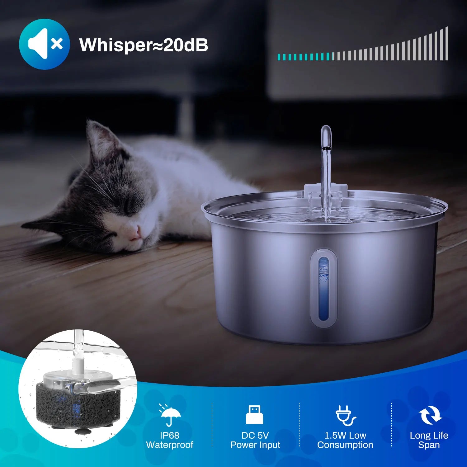 Ultra-Quiet Stainless Steel Pet Water Fountain
