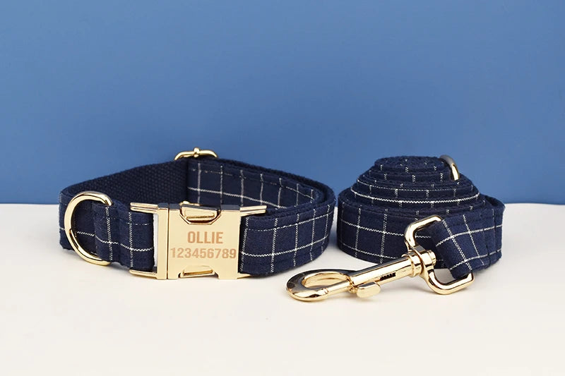 Dark Blue Plaid Personalized Dog Collar/Harness/Leash/Accessory Set