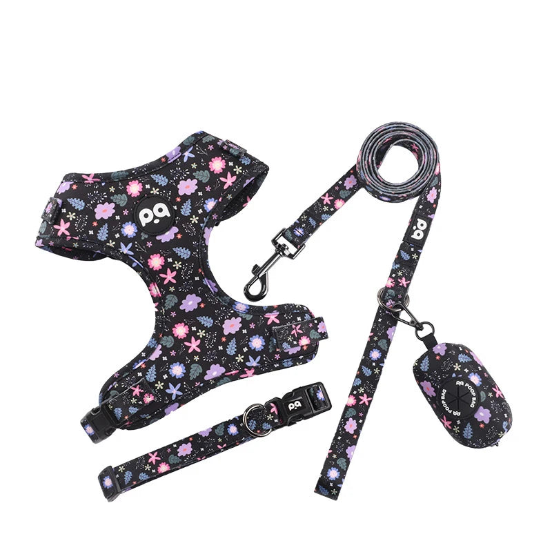 Adjustable Mesh Dog Vest Harness + Leash + Collar + Bag Holder Set