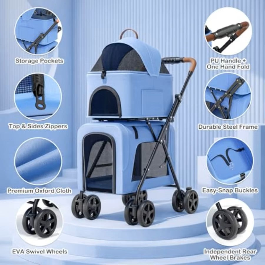 One Click Foldable Double Pet Stroller w/ Detachable Top & Bottom Carriers