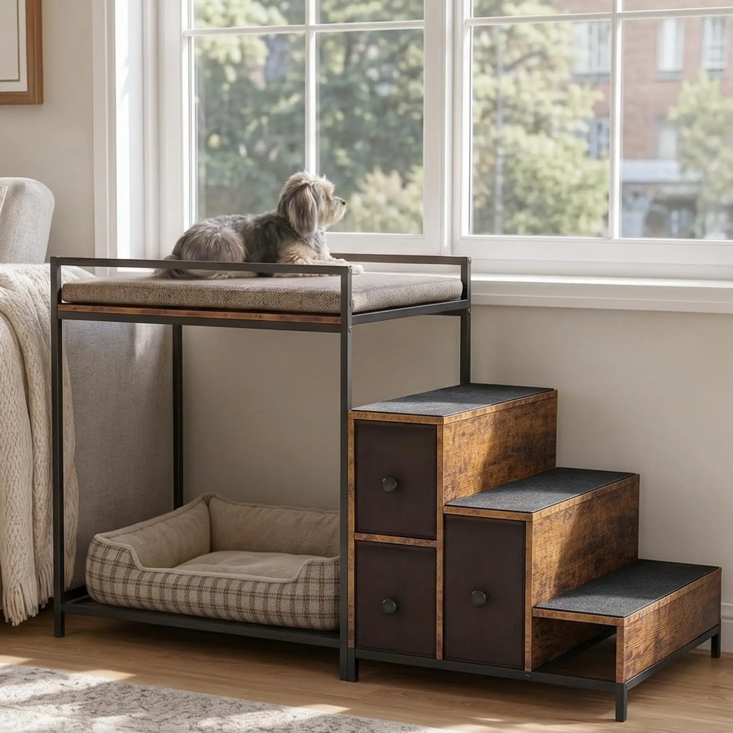Pet Window Bunk Bed w/Stairs & Storage