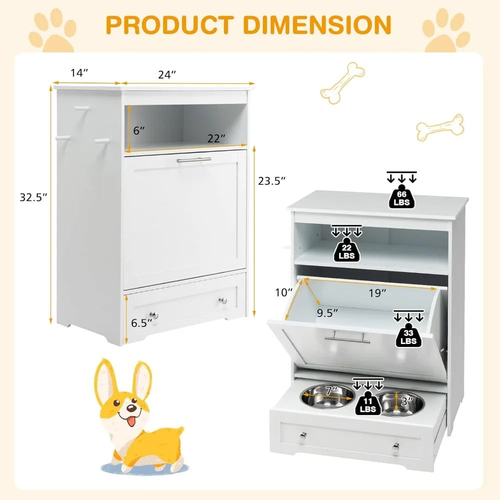 Pet Feeder Station w/Double Pull Out Stainless Steel Pet Bowls